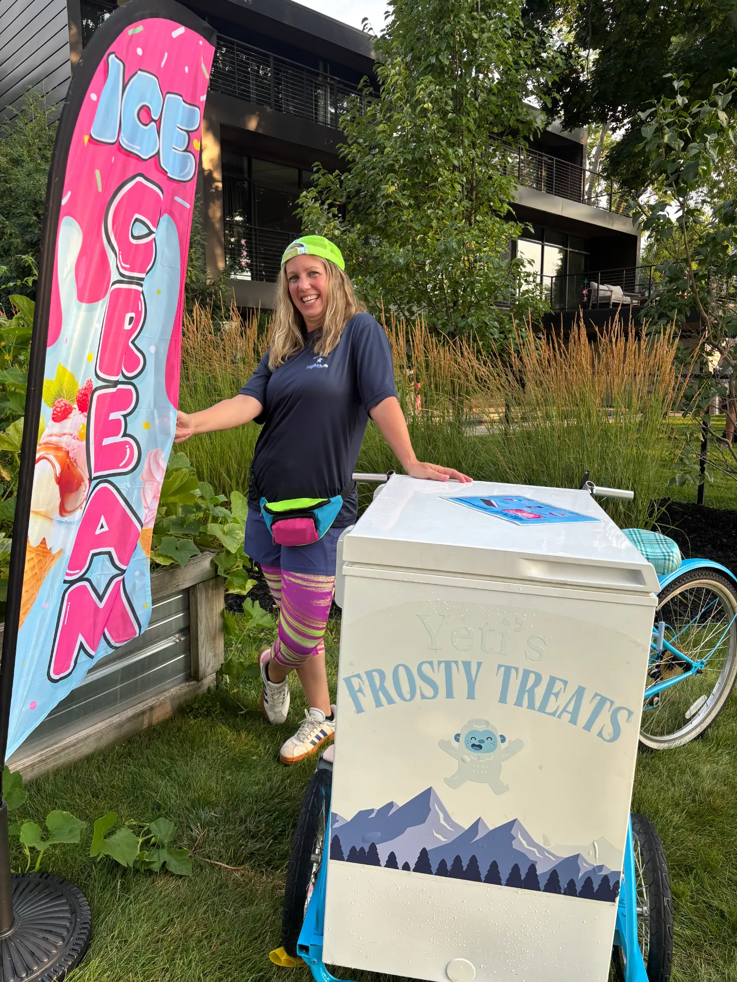 Yeti's Frosty Treats crew member with the bike at a neighborhood event